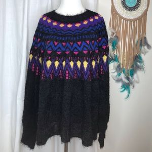 NWT Black Sweater Fuzzy Southwestern Print Plus XL